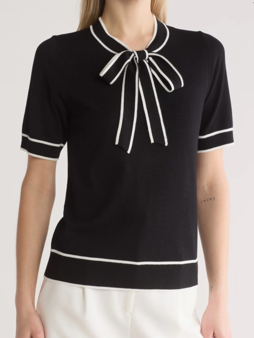 Tipped Tie Neck Short Sleeve Sweater✨